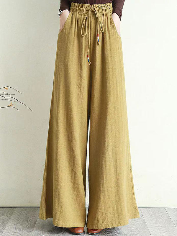 xakxx Artistic Ramie Cotton Drawstring Elasticity Loose Wide-Leg Pants