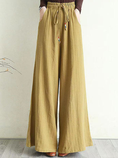xakxx Artistic Ramie Cotton Drawstring Elasticity Loose Wide-Leg Pants