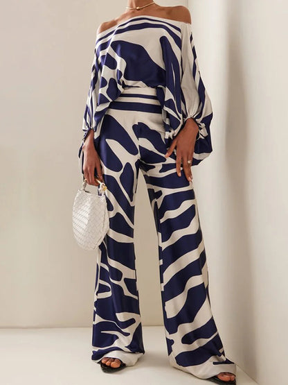 xakxx Printed Off-The-Shoulder Top + Wide Leg  Pants Two Pieces Set
