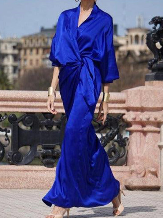 xakxx Half Sleeves Loose Solid Color V-Neck Maxi Dresses