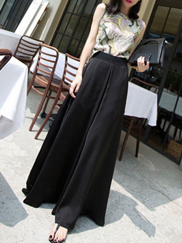 xakxx Simple Solid Color Elasticity High Waisted Wide Leg Pants