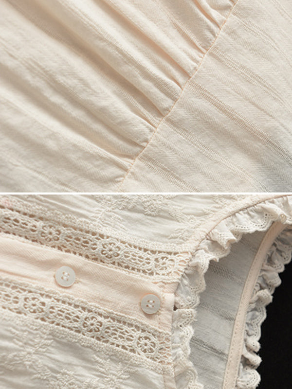 xakxx Long Sleeves Loose Embroidered Round-Neck Blouses&Shirts Tops