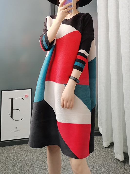 xakxx Loose Three-Quarter Sleeves Color-Block Contrast Color Pleated Round-Neck Mini Dresses