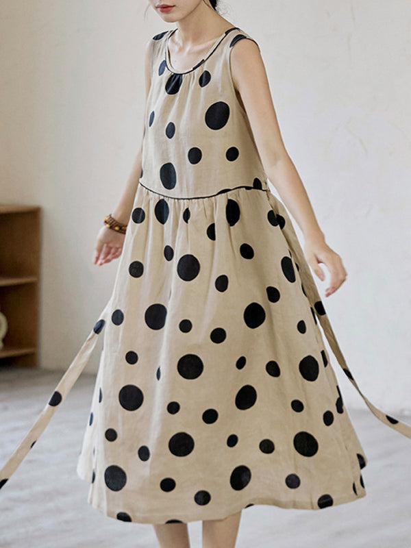 xakxx Loose Sleeveless Contrast Color Pleated Polka-Dot Split-Joint Tied Waist Round-Neck Midi Dresses