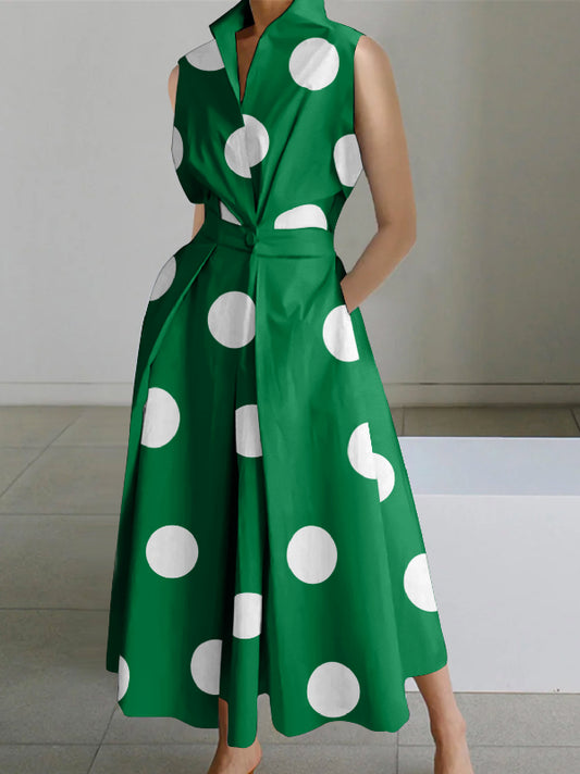 xakxx Sleeveless Polka Dot Lapel Midi Dresses