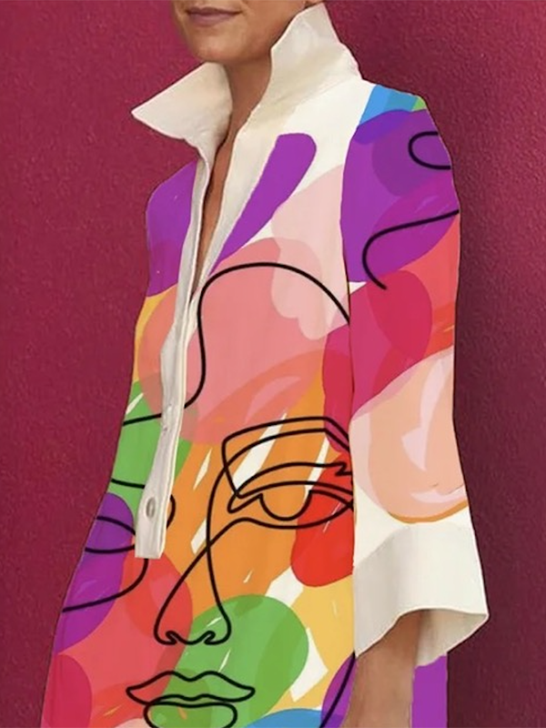 xakxx Loose Three-Quarter Sleeves Buttoned Contrast Color Figure Printed Lapel Collar Mini Dresses