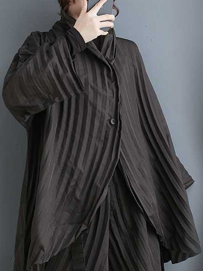 xakxx Long Sleeves Loose Buttoned Pleated Solid Color Stand Collar Shirts Top + Pants Bottom Two Pieces Set