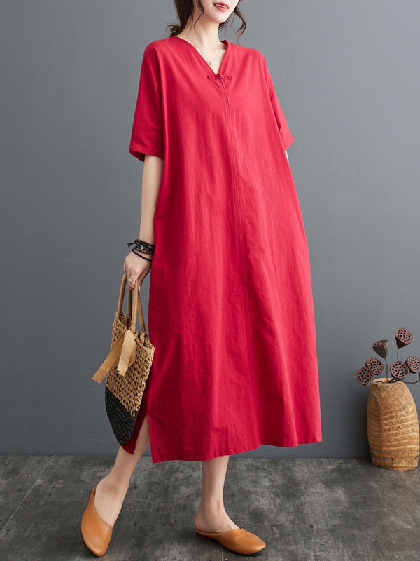 xakxx A-Line Loose Chinese Frog Buttons Pockets Solid Color Split-Side V-Neck Midi Dresses