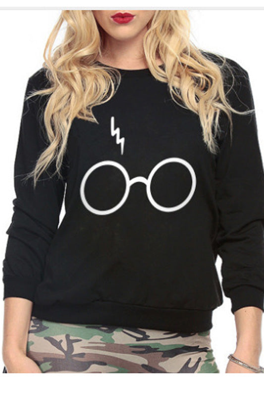 xakxx Glasses Print Round Collar Long Sleeves Sweatshirt