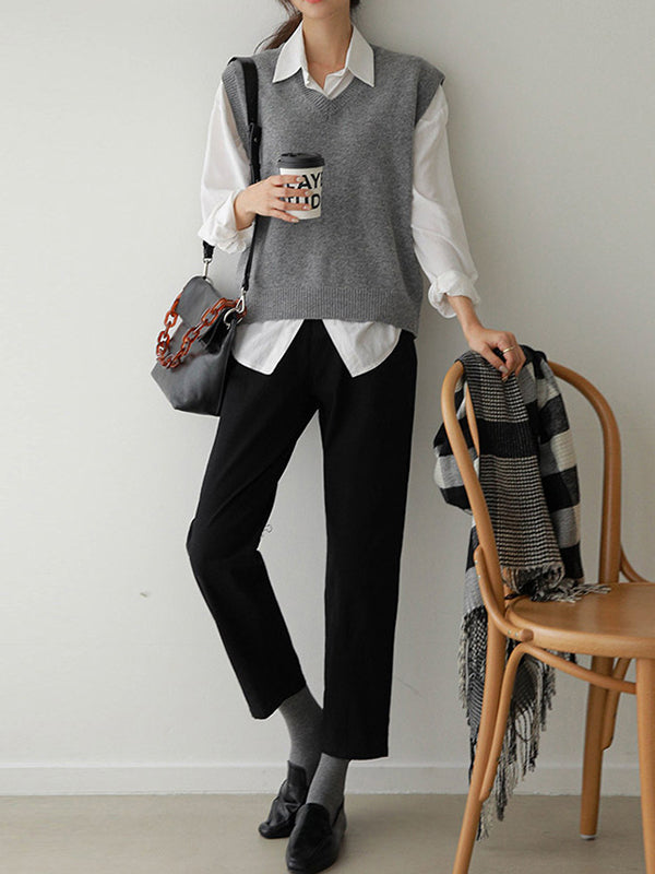 xakxx Casual Loose Sleeveless Solid Color V-Neck Sweater Vest Outerwear