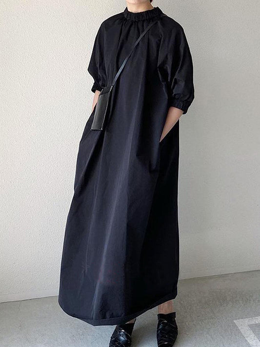 xakxx Simple Solid Color Stand Collar Loose Half Sleeve Dress