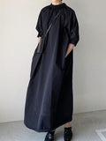 xakxx Simple Solid Color Stand Collar Loose Half Sleeve Dress