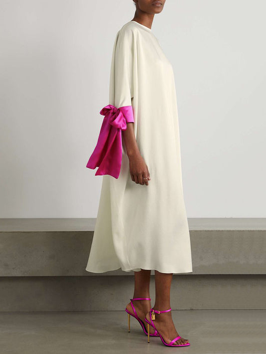 xakxx Loose Seven-Quarter Sleeves Contrast Color Round-Neck Midi Dresses