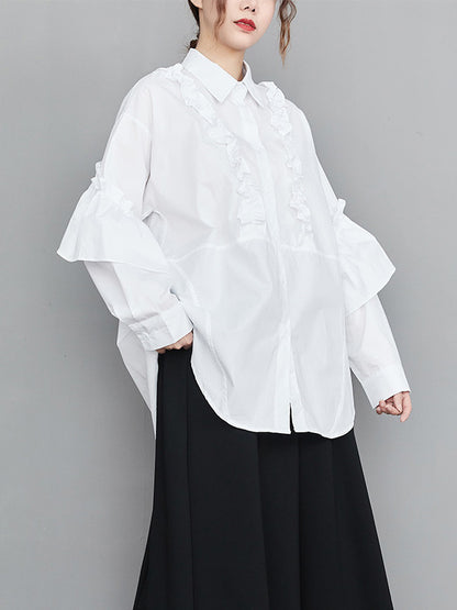 xakxx Casual Loose Long Sleeves Buttoned Ruffled Solid Color Lapel Collar Blouses&Shirts Tops