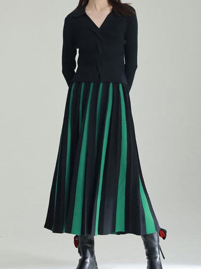 xakxx A-Line Loose Contrast Color Pleated Skirts Bottoms