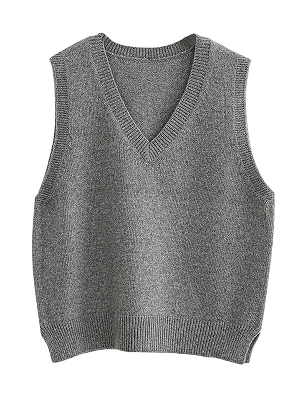 xakxx Casual Loose Sleeveless Solid Color V-Neck Sweater Vest Outerwear