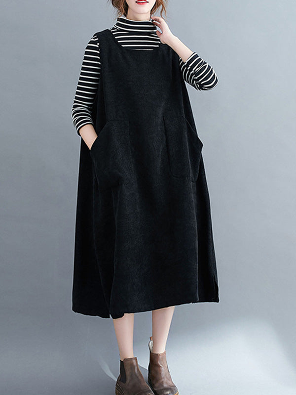 xakxx Corduroy Sleeveless Split-Joint Round-Neck Midi Dress