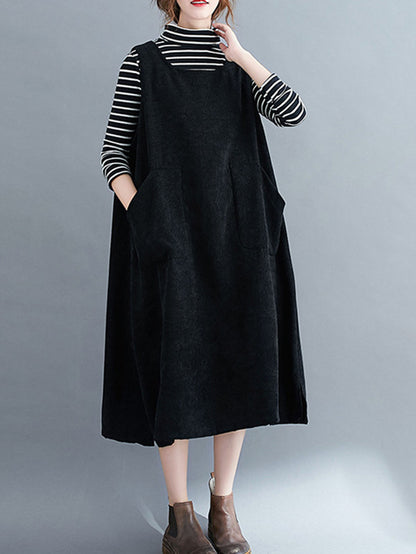 xakxx Corduroy Sleeveless Split-Joint Round-Neck Midi Dress