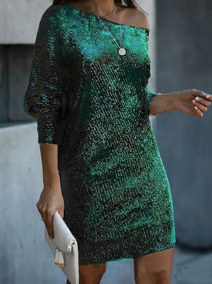 xakxx A-Line Loose Asymmetric Sequined Solid Color One-Shoulder Mini Dresses