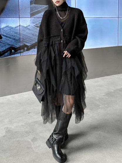 xakxx Long Sleeves Loose Buttoned Pleated Solid Color Split-Joint Tulle Velvet V-Neck Cardigan Tops
