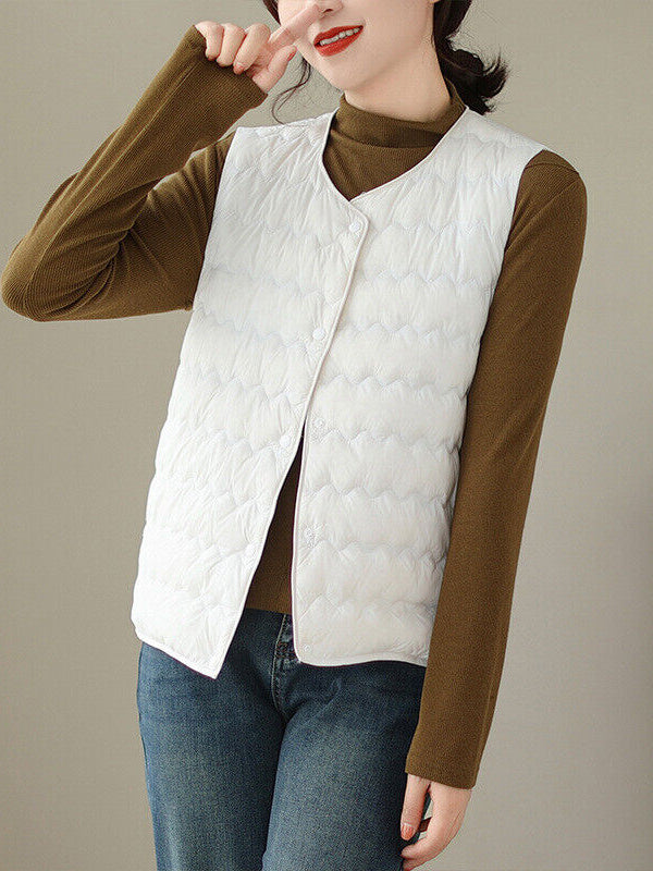 xakxx Loose Sleeveless Buttoned Quilted Solid Color Round-Neck Padded Vest