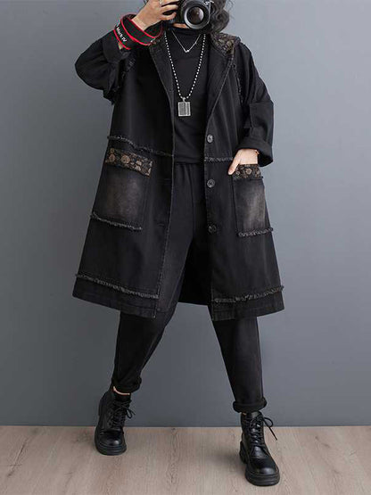 xakxx Loose Raglan Sleeve Floral Printed Fringed Split-Joint Hooded Outerwear Trench Coats