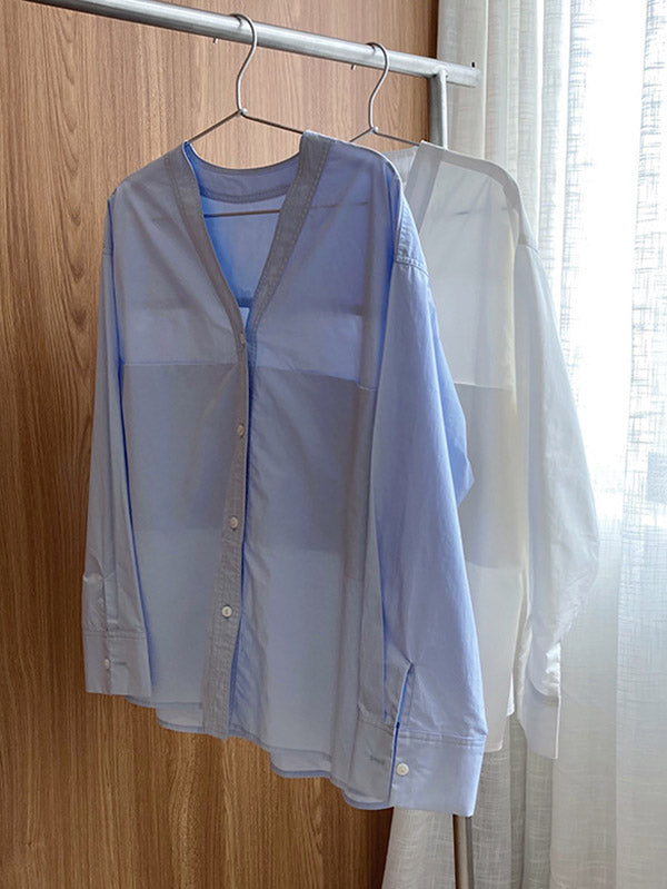 xakxx Loose Simple V-Neck Pocket Blouses