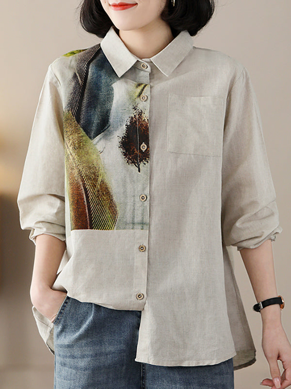 xakxx Long Sleeves Loose Contrast Color Feathers Printed Lapel Blouses