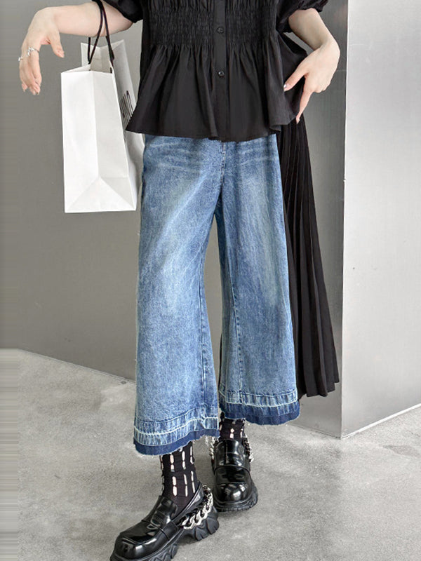 xakxx Loose Ninth Pants Contrast Color Pleated Split-Joint Jean Pants Bottoms