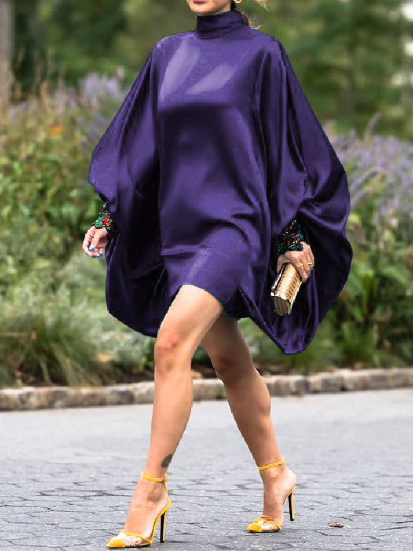 xakxx Going Out Loose Batwing Sleeves Buttoned Solid Color Mini Dresses
