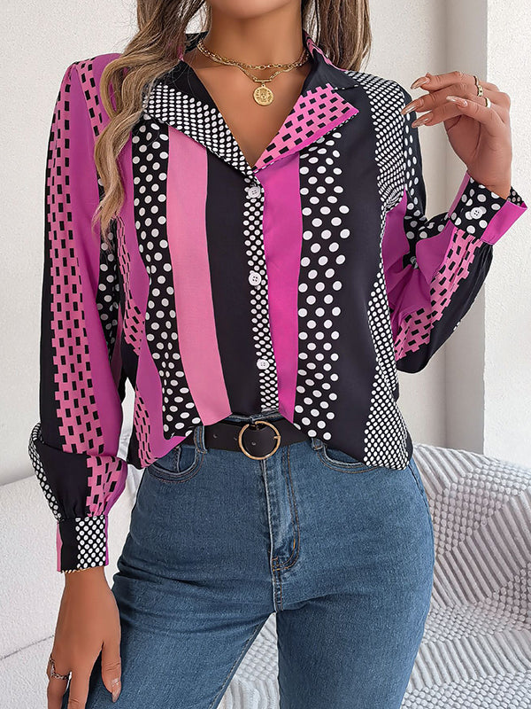xakxx Long Sleeves Buttoned Contrast Color Polka-Dot Notched Collar Blouses&Shirts Tops