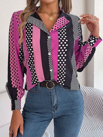 xakxx Long Sleeves Buttoned Contrast Color Polka-Dot Notched Collar Blouses&Shirts Tops