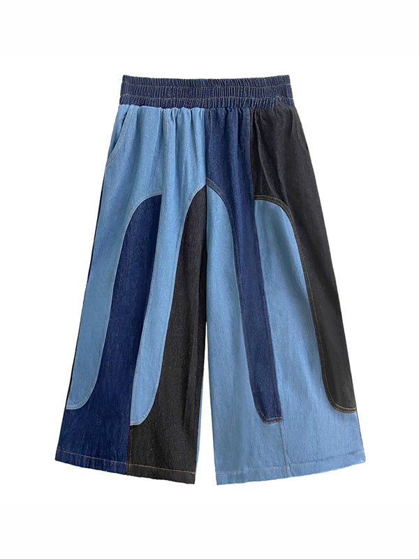xakxx Loose Wide Leg Contrast Color Elasticity Split-Joint Jean Pants Bottoms