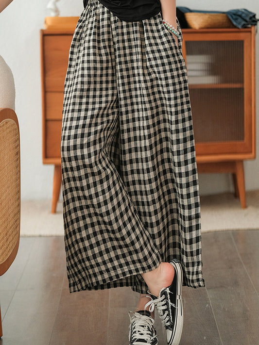 xakxx Artistic Retro Linen Loose Wide Legs Plaid Drawstring Pants