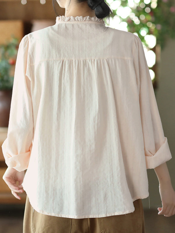 xakxx Long Sleeves Loose Embroidered Round-Neck Blouses&Shirts Tops