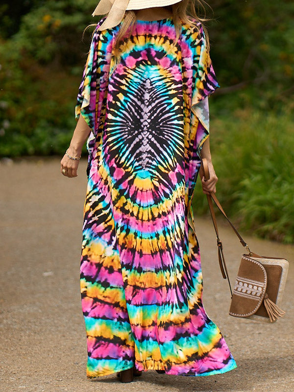 xakxx Batwing Sleeves Loose Printed Split-Side V-Neck Beach Cover-Up Maxi Dresses