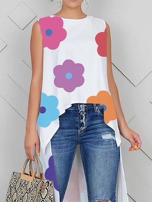 xakxx High-Low Loose Contrast Color Floral Printed Round-Neck Vest Top
