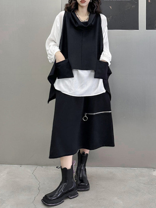 xakxx High-Low Irregular Clipping Hooded Solid Color Heaps Collar Vest Top