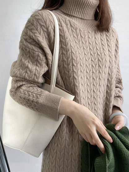 xakxx Stylish Loose Long Sleeves Solid Color High-Neck Twist Sweater Dresses