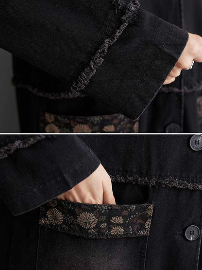 xakxx Loose Raglan Sleeve Floral Printed Fringed Split-Joint Hooded Outerwear Trench Coats
