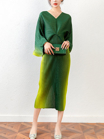 xakxx Fashion Loose Batwing Sleeves Gradient Pleated Midi Dress
