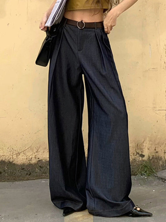 xakxx Loose Wide Leg High-Waisted Pleated Solid Color Pants Trousers