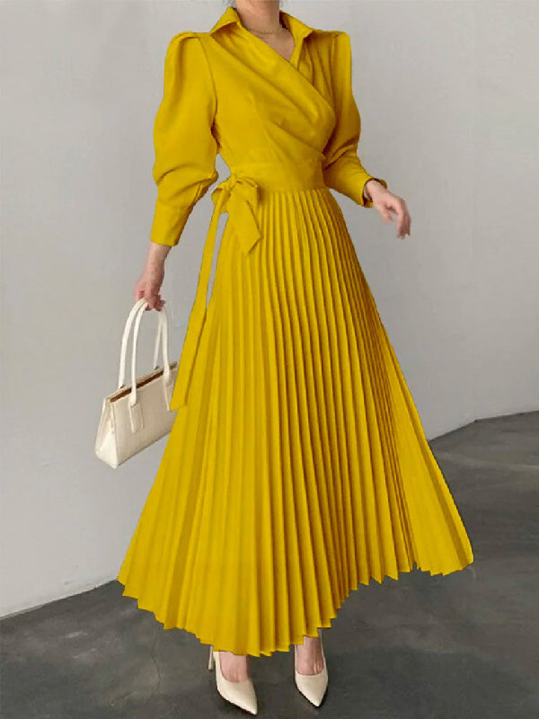 xakxx Office Pleated Asymmetric Solid Color Lapel Maxi Dresses