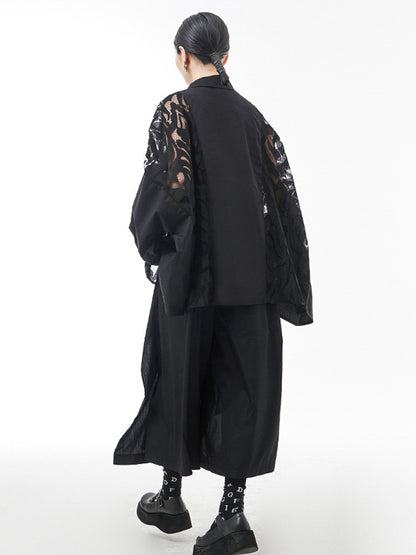 xakxx Urban See-Through Lace Split-Joint Lapel Blouse