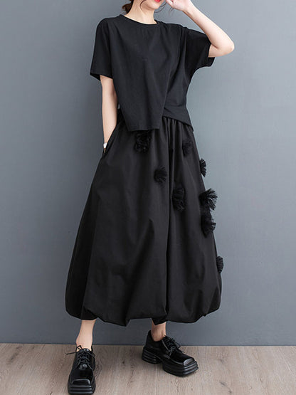 xakxx Loose Flower-Embellished Elastics Solid Color Skirts Bottoms