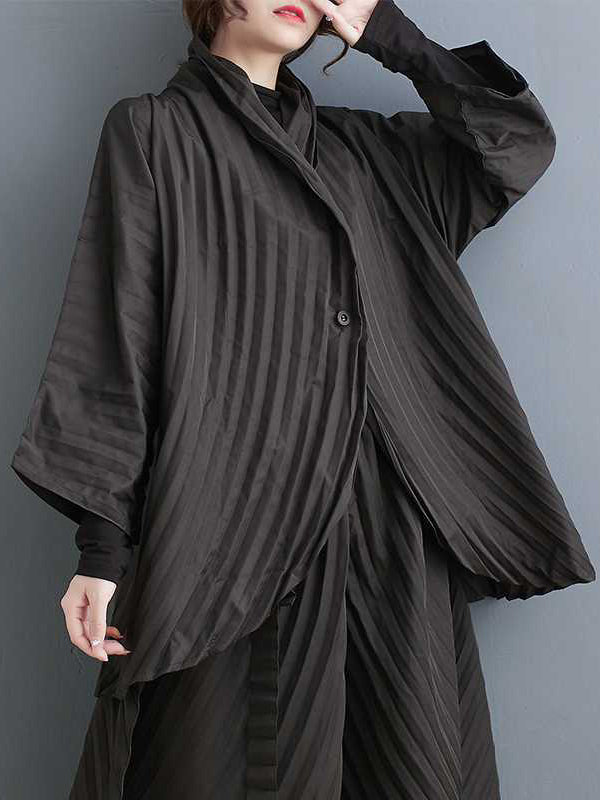 xakxx Long Sleeves Loose Buttoned Pleated Solid Color Stand Collar Shirts Top + Pants Bottom Two Pieces Set