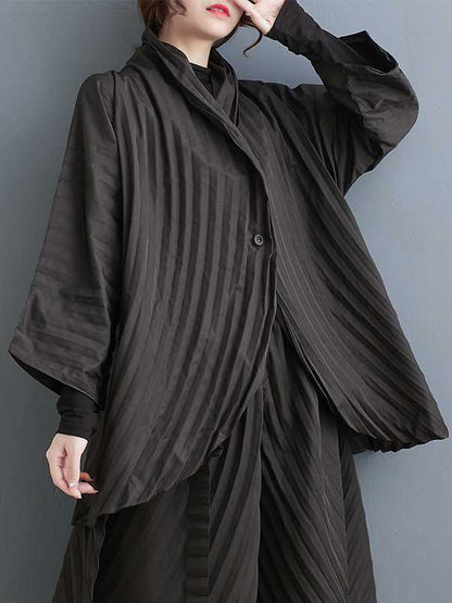 xakxx Long Sleeves Loose Buttoned Pleated Solid Color Stand Collar Shirts Top + Pants Bottom Two Pieces Set
