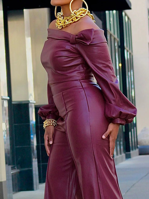 xakxx Long Sleeves Puff Sleeves Asymmetric Knot Solid Color Off-The-Shoulder Shirts Top + Pants Bottom Two Pieces Set