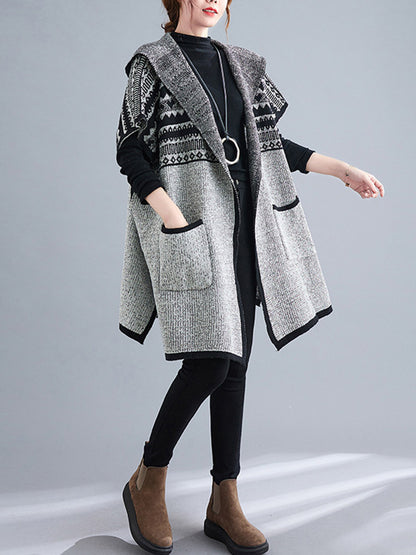 xakxx Artistic Retro Loose Casual With Pocket Hooded Short Sleeves Cardigan Outwear