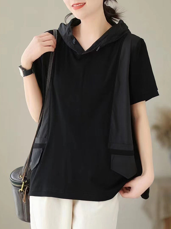 xakxx Loose Short Sleeves Solid Color Hooded T-Shirts Tops